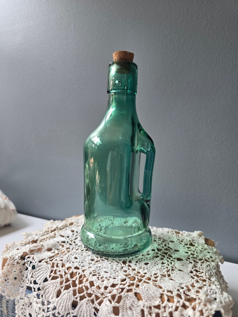 Green Glass Handle Bottle with Cork - Decorative Home Dining Accent